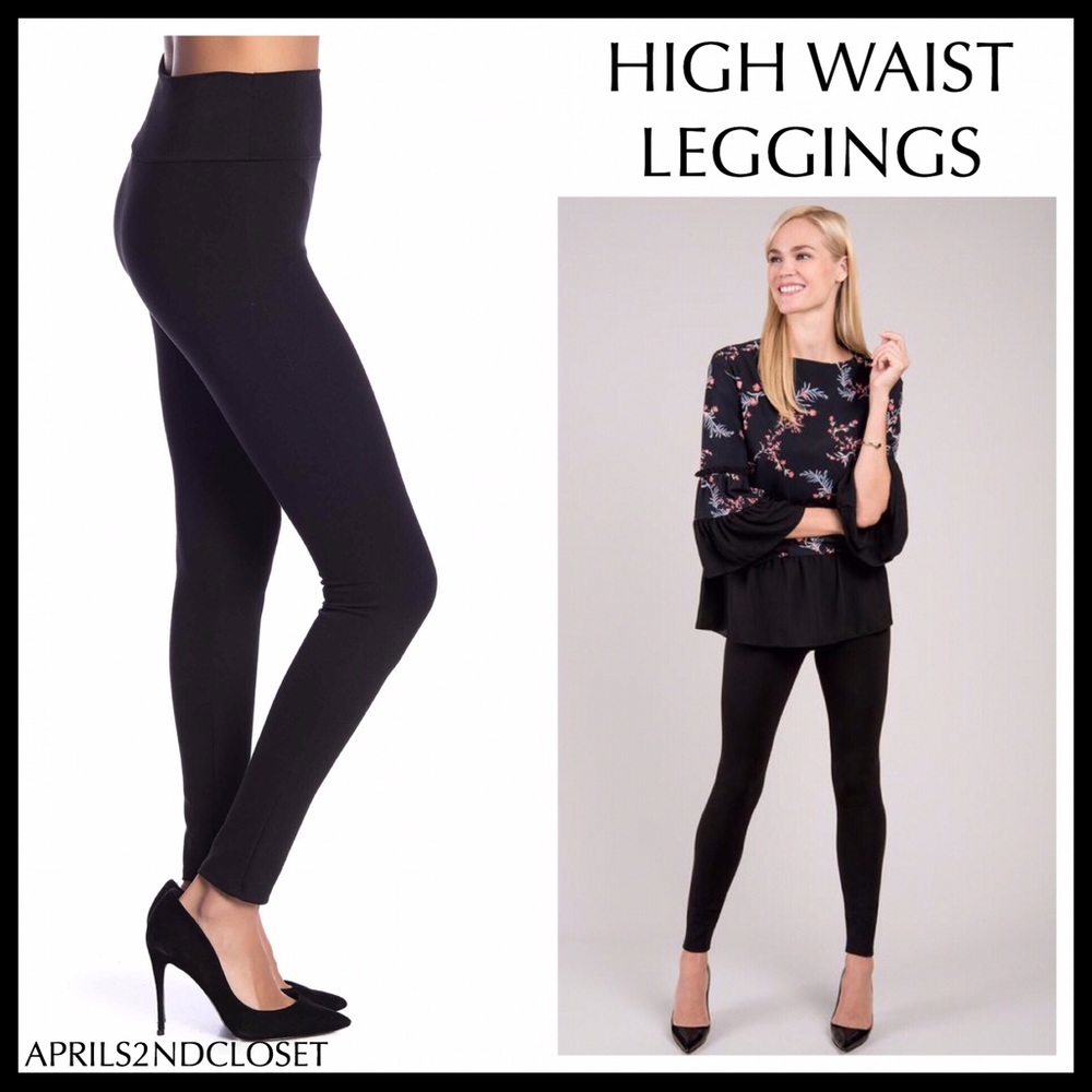 BLACK HIGH WAIST LEGGINGS OPAQUE KNIT PANTS A3C - Picture 4 of 7